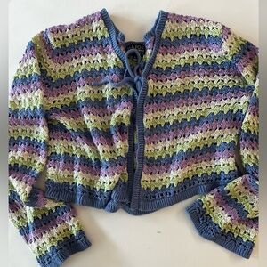 Major Major Women’s Striped Knit Long Cropped Crochet Cardigan Sweater, L